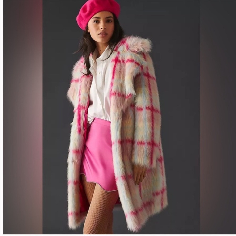 NVLT Anthropologie Tartan Plaid Faux Fur Coat - Pink and White